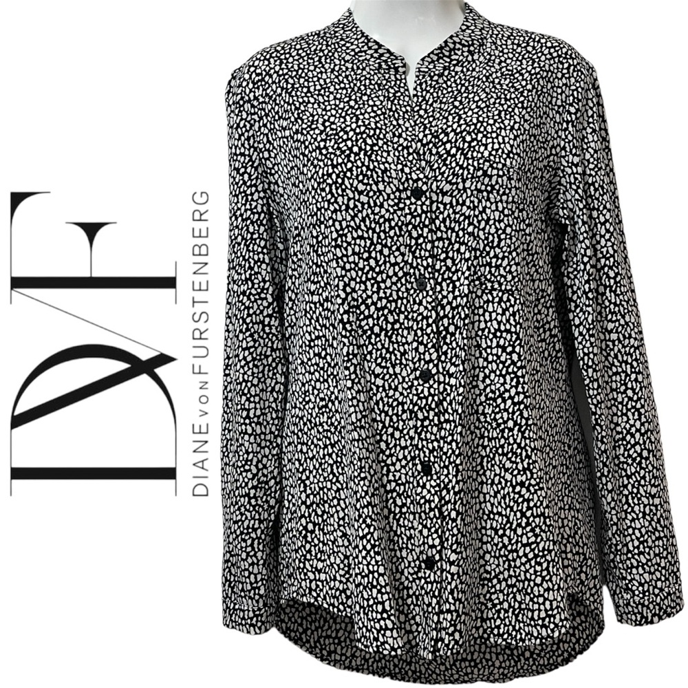 DVF Diane von Furstenberg Women’s Gilmore Silk Blend Shirt White & Black 6